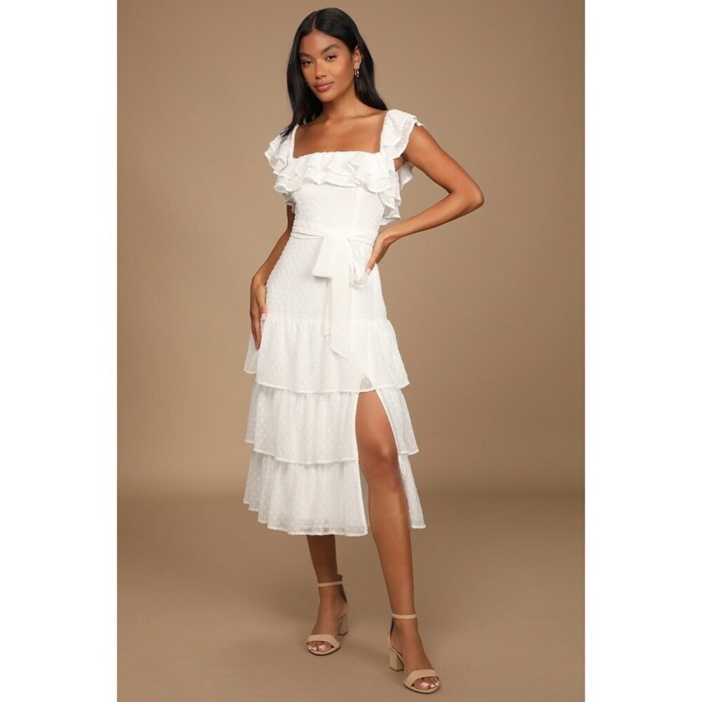 Lulus Dear To My Heart White Swiss Dot Tiered Ruffled Midi Dress - Size L